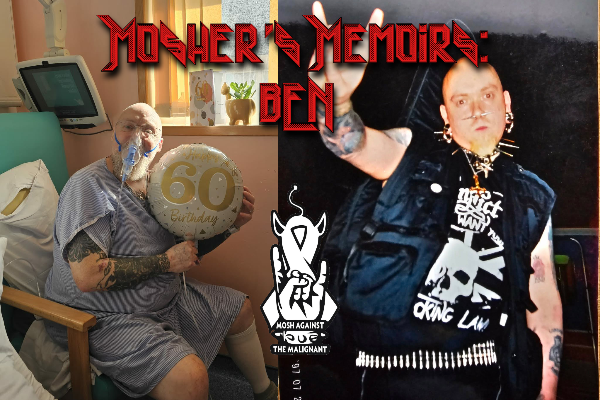 A side by side of two pictures of Ben, one of the Mosh Against The Malignant community members