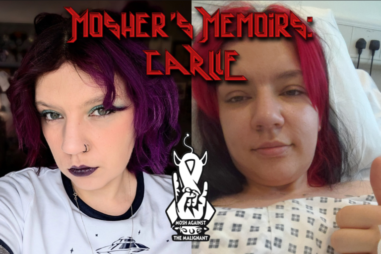 A side by side of two pictures of Carlie, one of the Mosh Against The Malignant community members