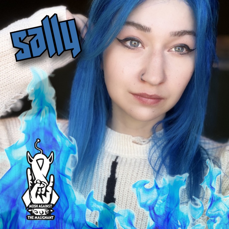 An edited image of Sally, co-founder, featuring the MATM logo, blue flame accentuation and her name in stylised text