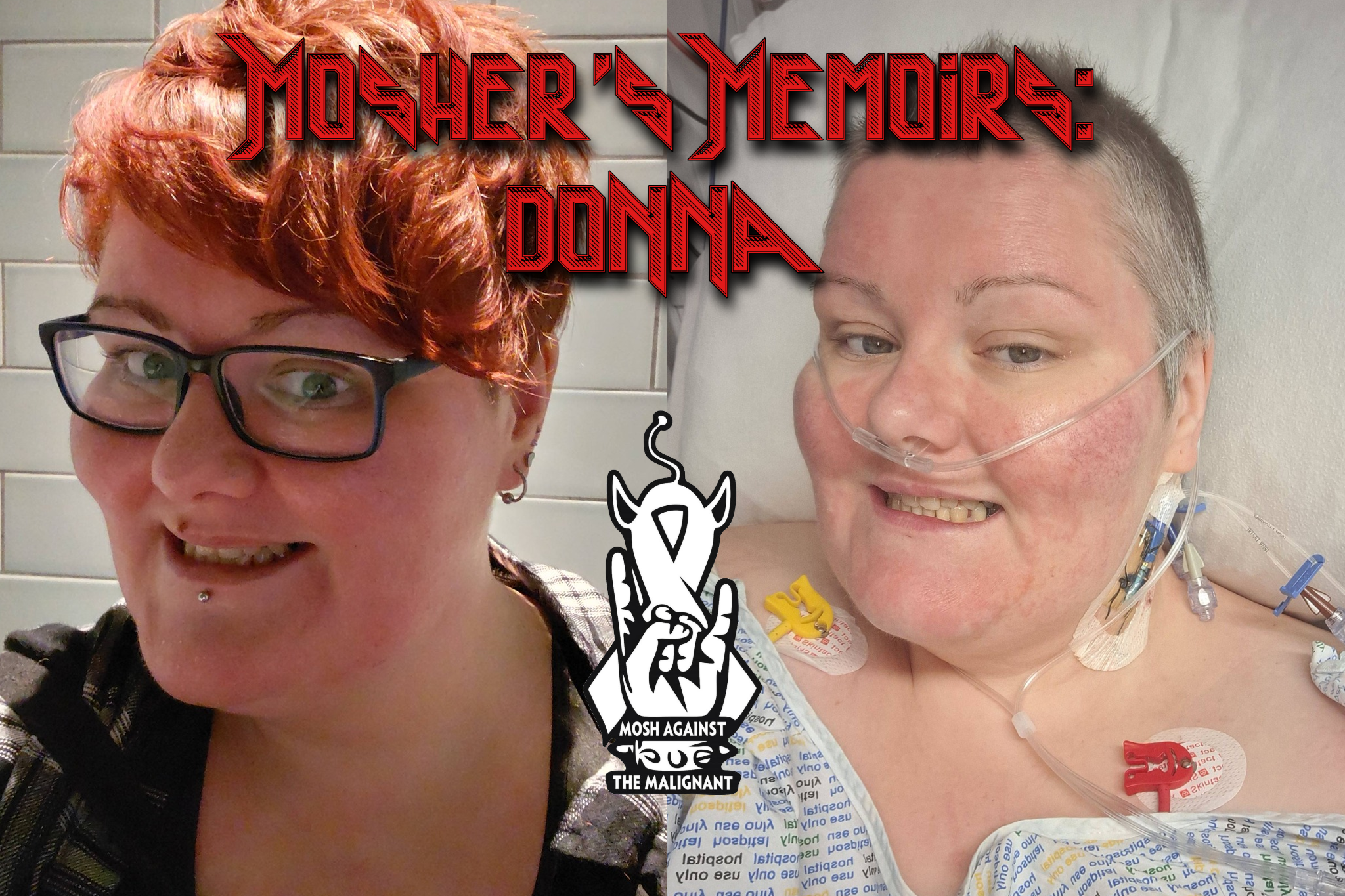 A side by side of two pictures of Donna, one of the Mosh Against The Malignant community members